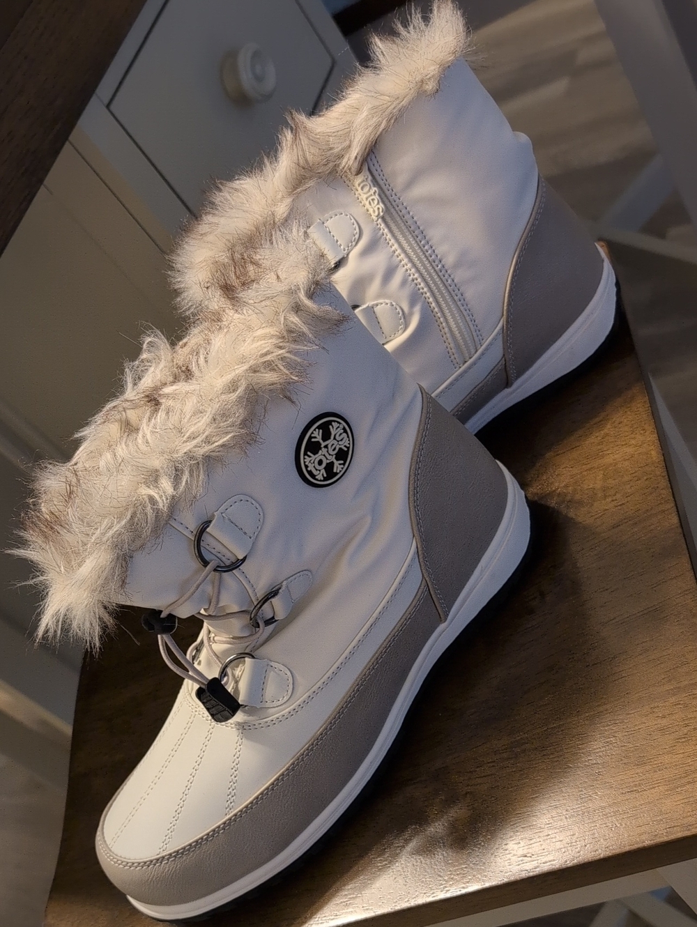 Totes Brand Women's White Faux-Fur Winter Ankle Boots with Gray Accents